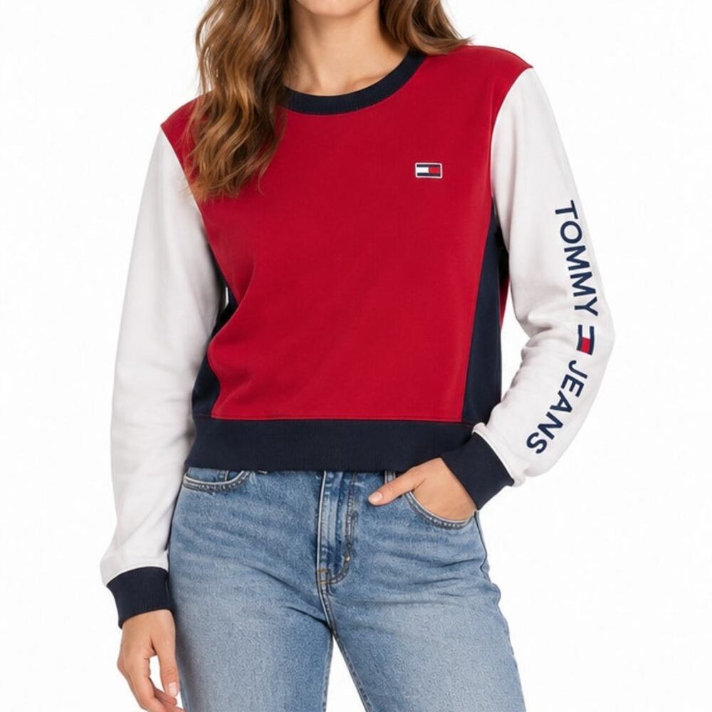 Tommy Jeans NWT Red White Navy Colorblock Logo Sleeve Crew Sweatshirt Women M